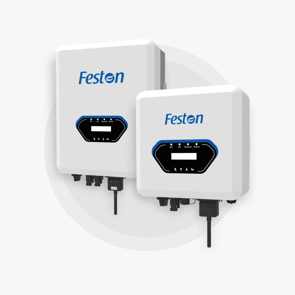 A modern solar energy trade show floor with digital displays and hybrid inverter prototypes.