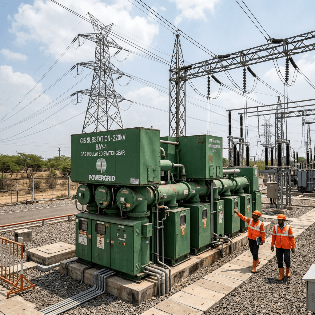 Technicians inspecting high-voltage gas insulated switchgear at a power substation facility