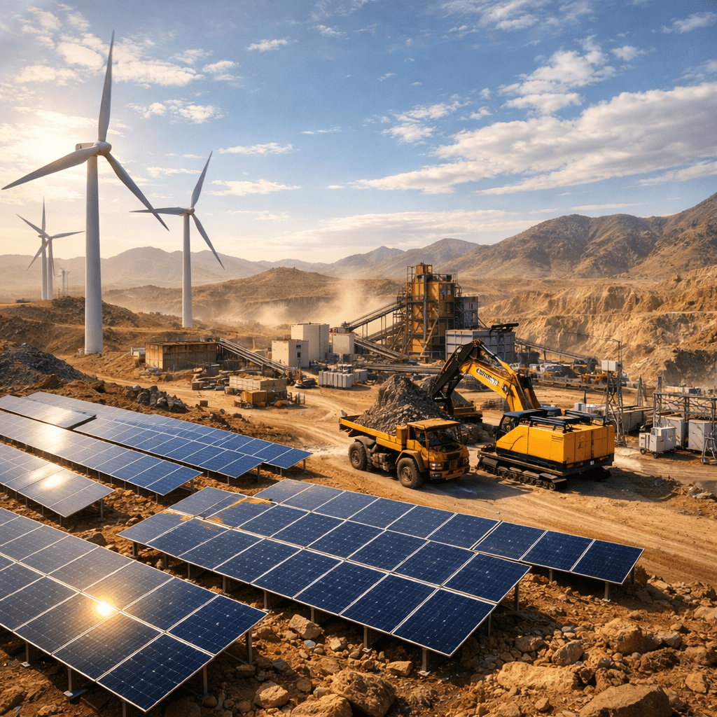 Large scale solar panels and wind turbines integrated into a mining operation landscape