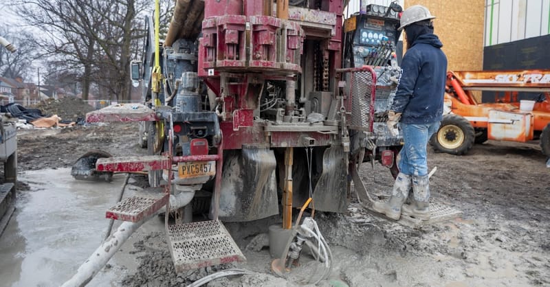 Workers operating a large geothermal drilling rig in an urban environment for a thermal network.