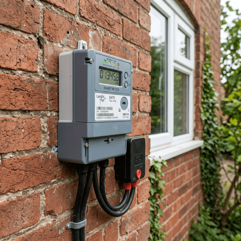A modern digital smart meter installed on a residential brick wall representing grid modernization.