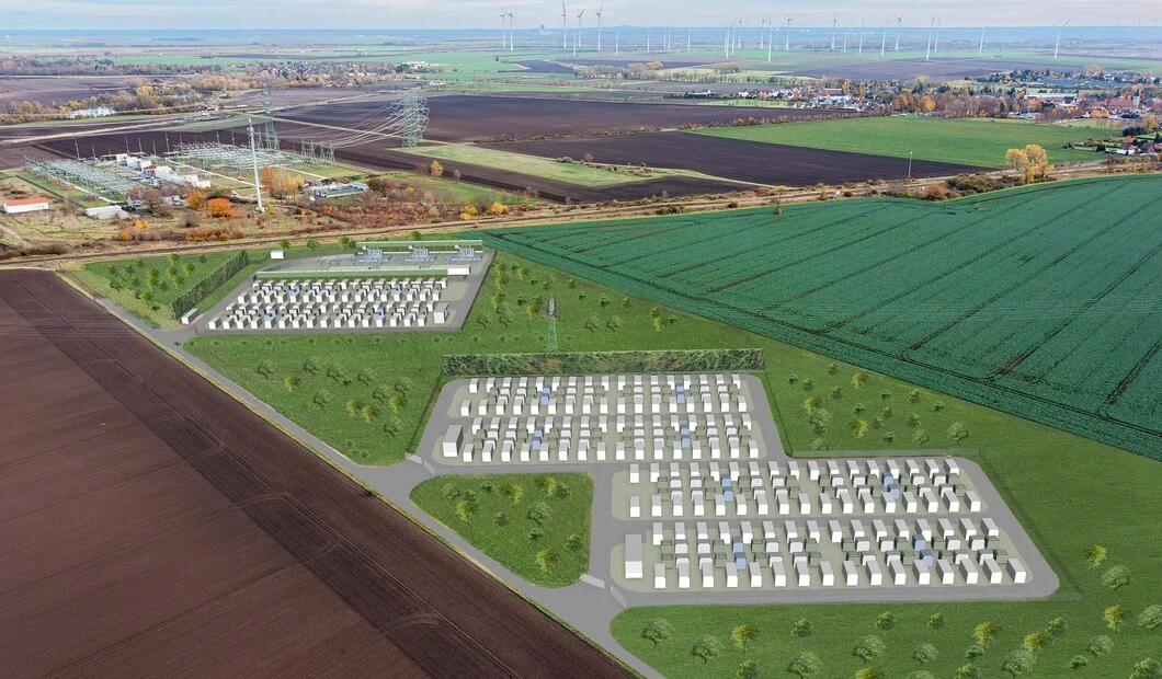 Aerial view of a large scale battery energy storage system site under construction in Germany.