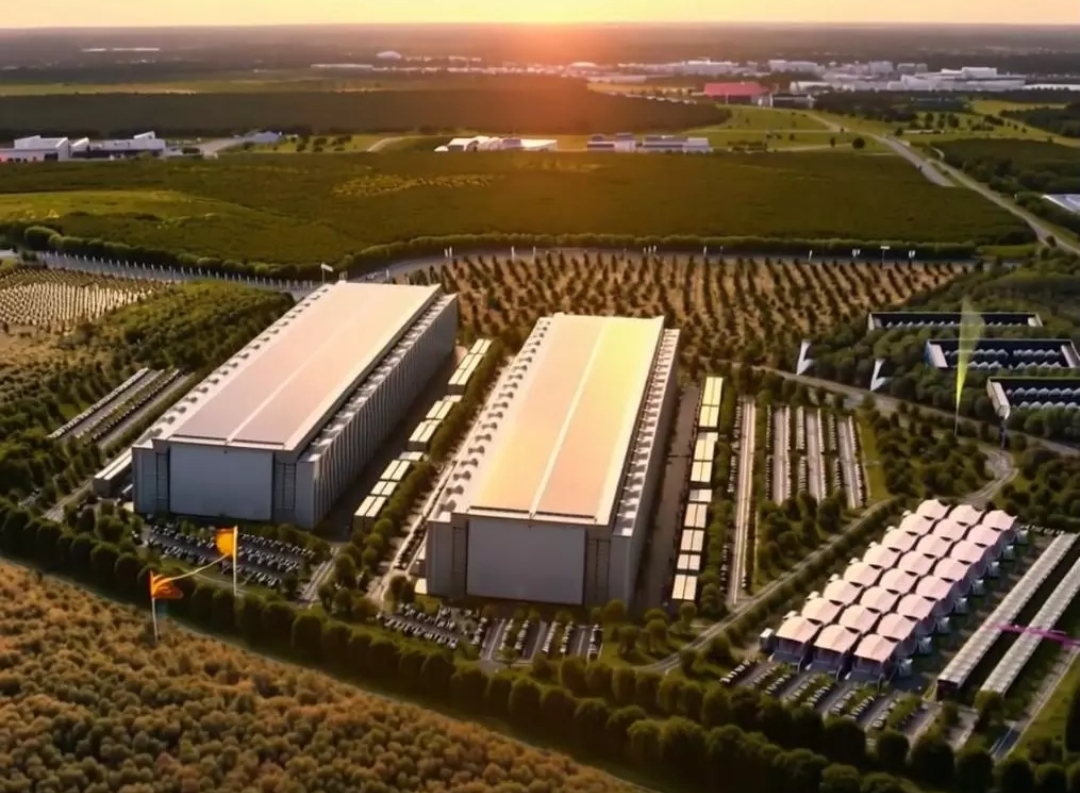 Aerial view of a massive industrial data center with solar panels covering the entire roof surface.
