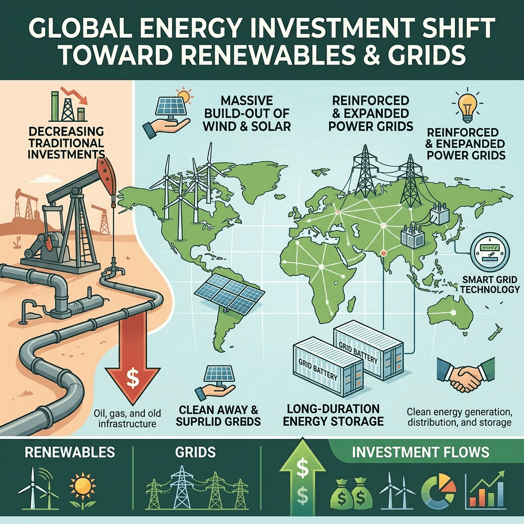 Infographic showing the global transition of investment from oil and gas to solar, wind, and grid infrastructure.