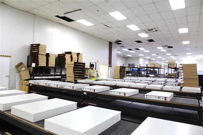 Close-up of lithium battery modules on a production assembly line in a clean room