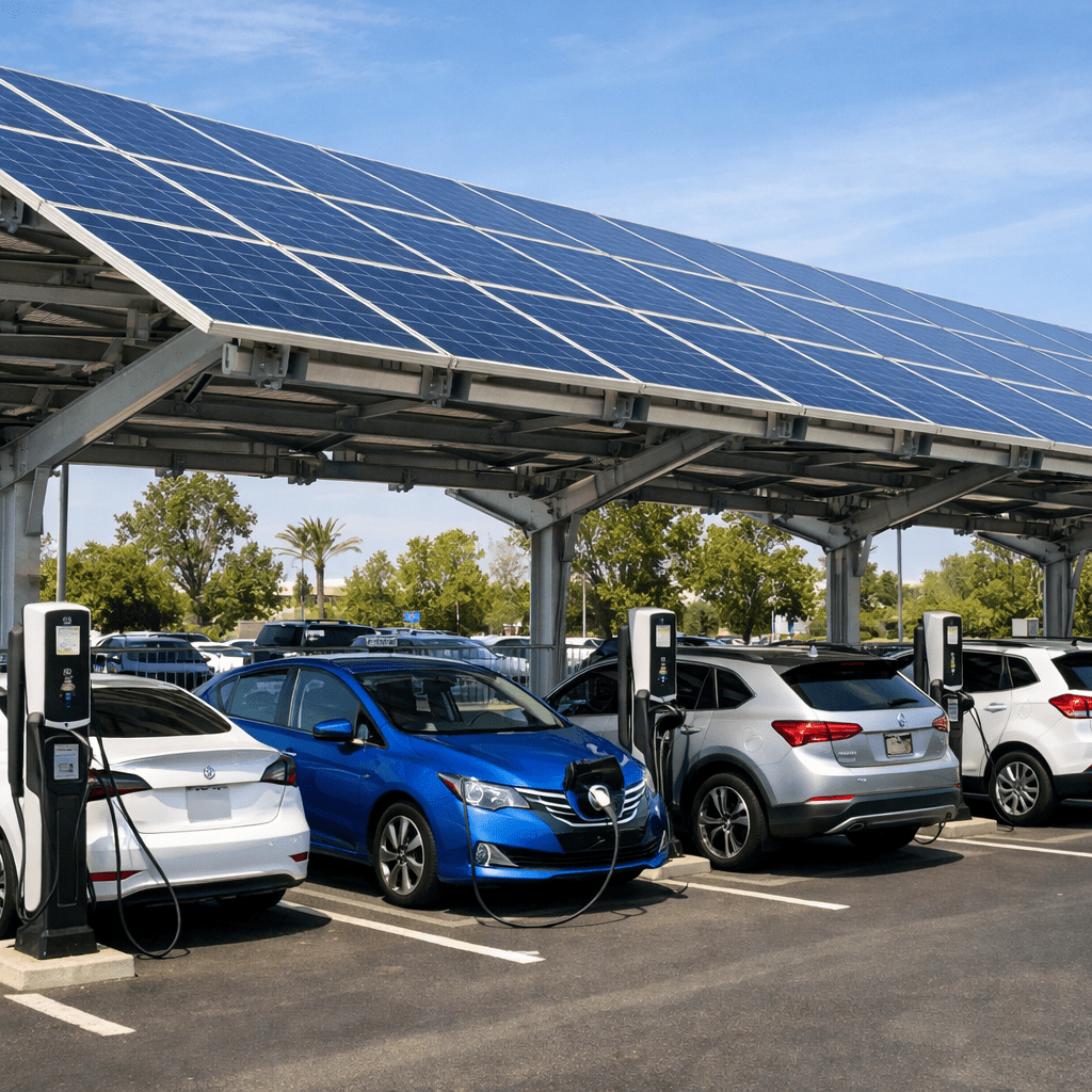 Modern solar panel canopy structure covering multiple electric vehicle charging stations in a parking lot