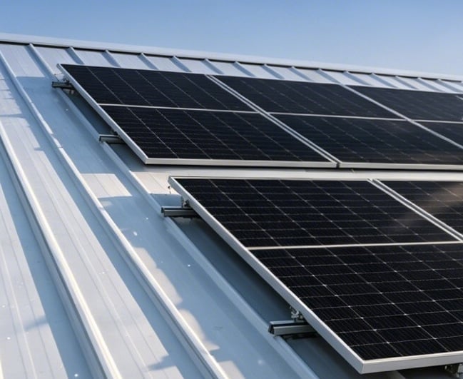 Close up of a JinkoSolar lightweight TOPCon module installed on a corrugated industrial roof