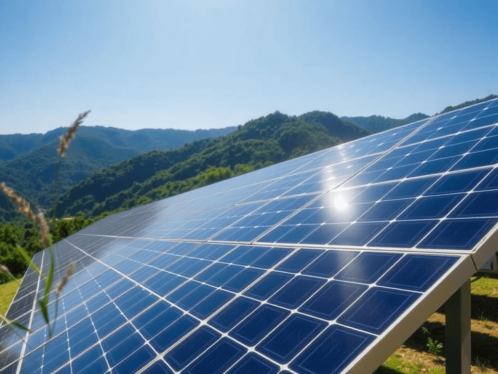 A generic solar farm construction site under a bright sun