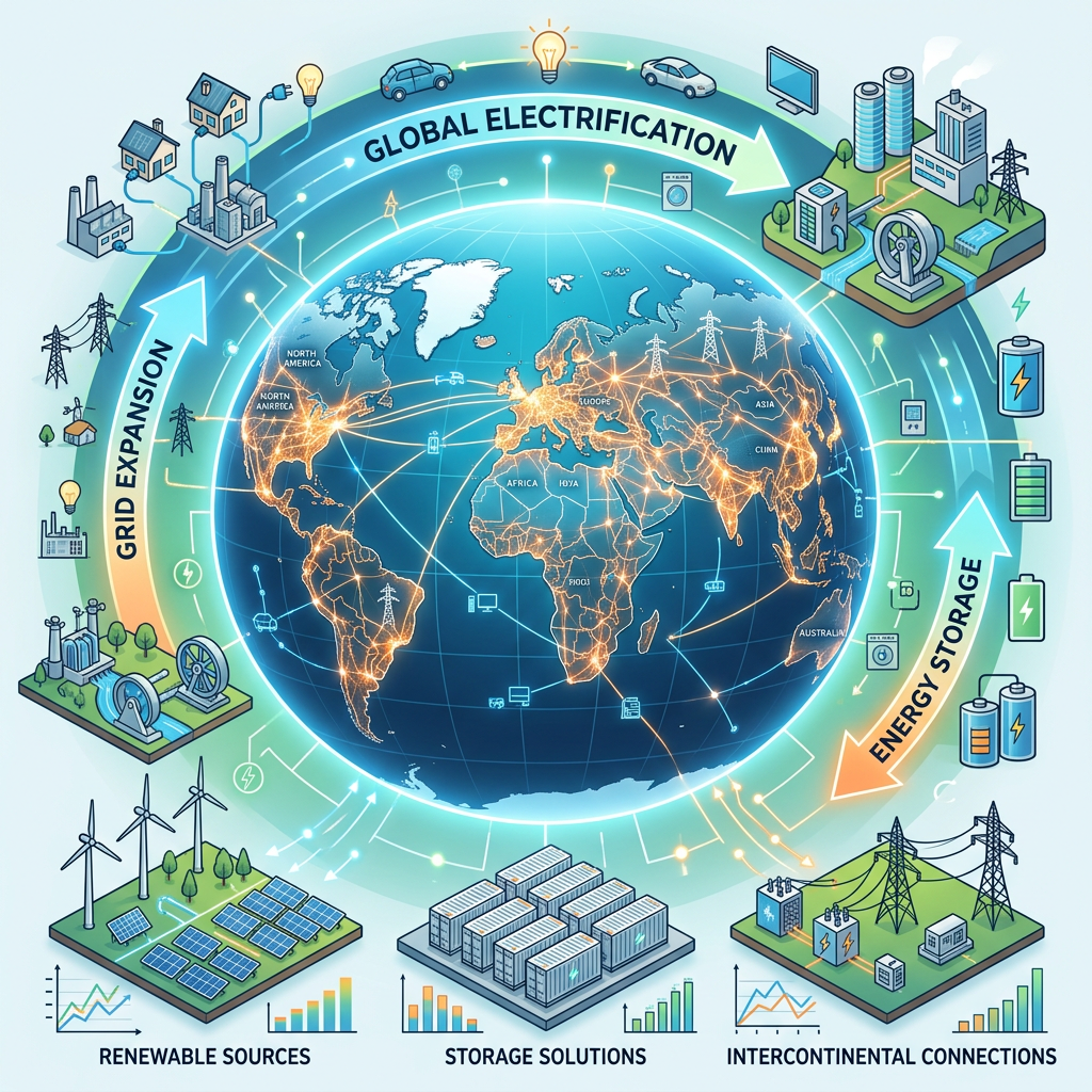 A global map showing energy networks, wind turbines, solar panels, and battery storage solutions.