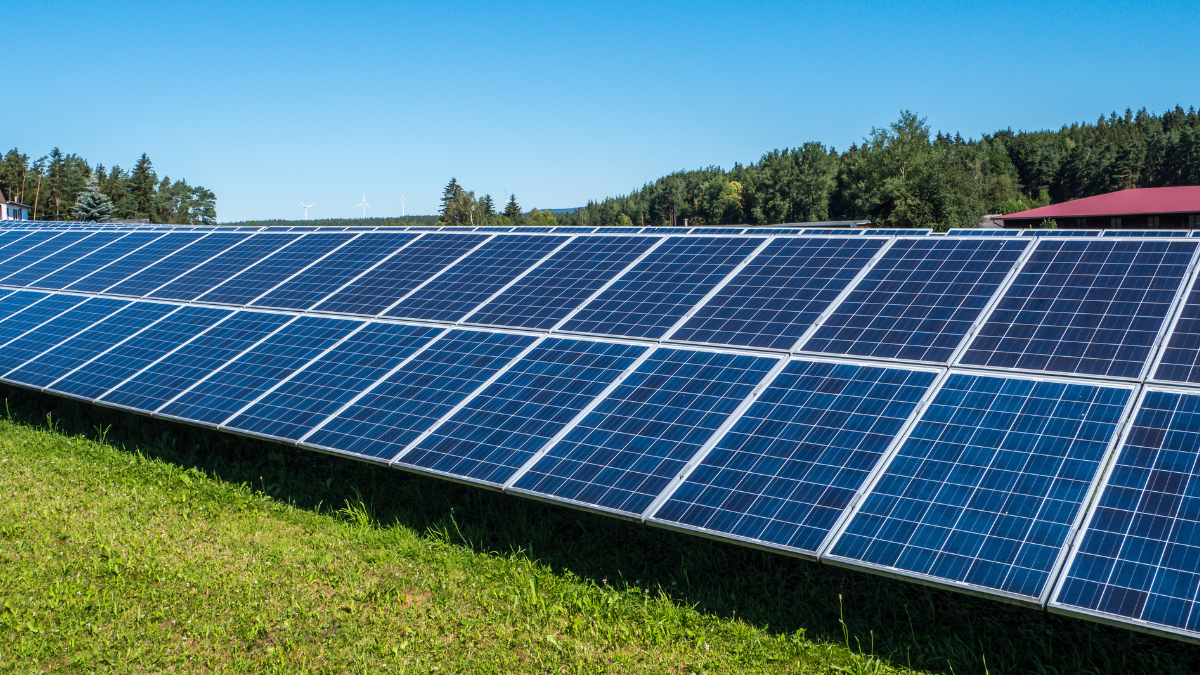 A row of solar panels in a large field under a bright blue sky