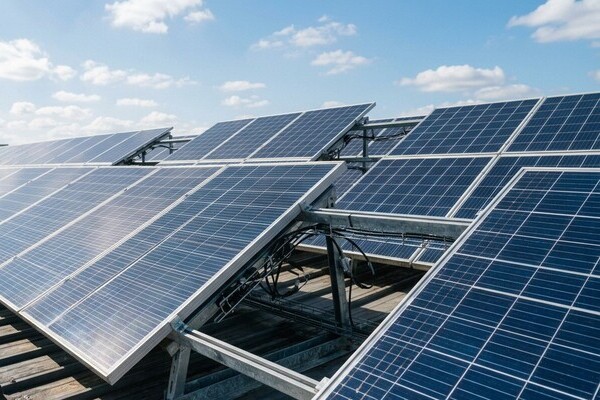 Large scale industrial rooftop solar array with monocrystalline panels on a warehouse in Spain