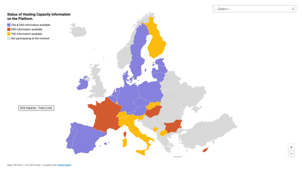 A digital map of Europe highlighting electrical grid infrastructure and capacity nodes for solar developers.