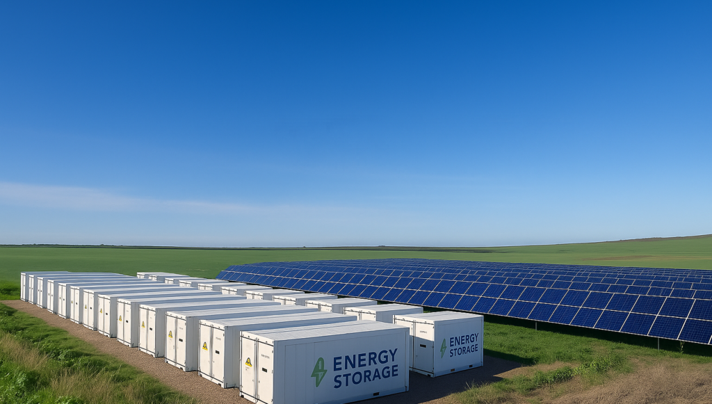 Large scale industrial battery energy storage containers in a solar farm field