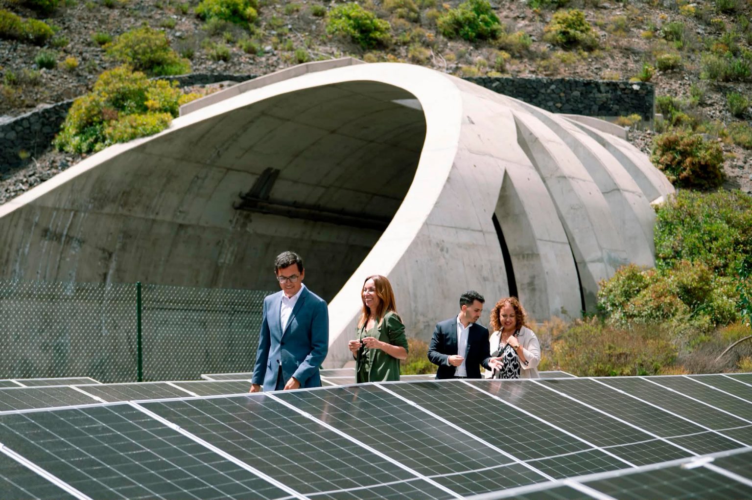Bifacial solar panels installed at the entrance of a concrete road tunnel in the Canary Islands.