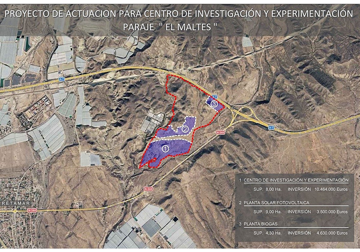 Aerial view of a large industrial greenhouse complex with solar panels and biogas tanks in Almería, Spain.