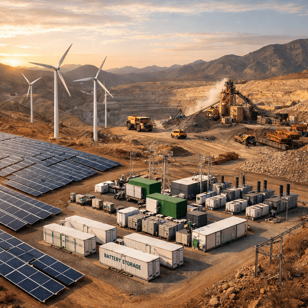 A hybrid power site featuring solar panels, wind turbines, and industrial battery storage containers.