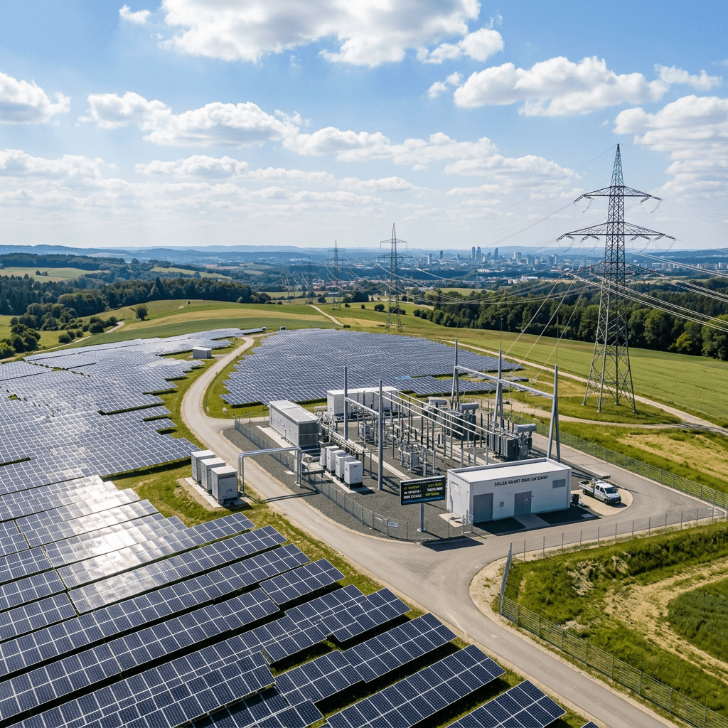 Large solar panel farm next to an electrical substation with high-voltage power lines