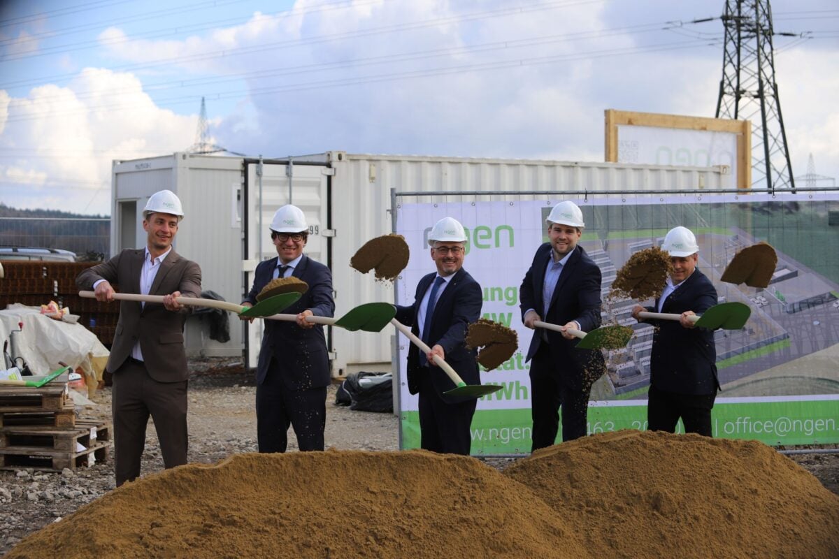 Large-scale lithium-ion battery energy storage system containers installed at a solar farm site