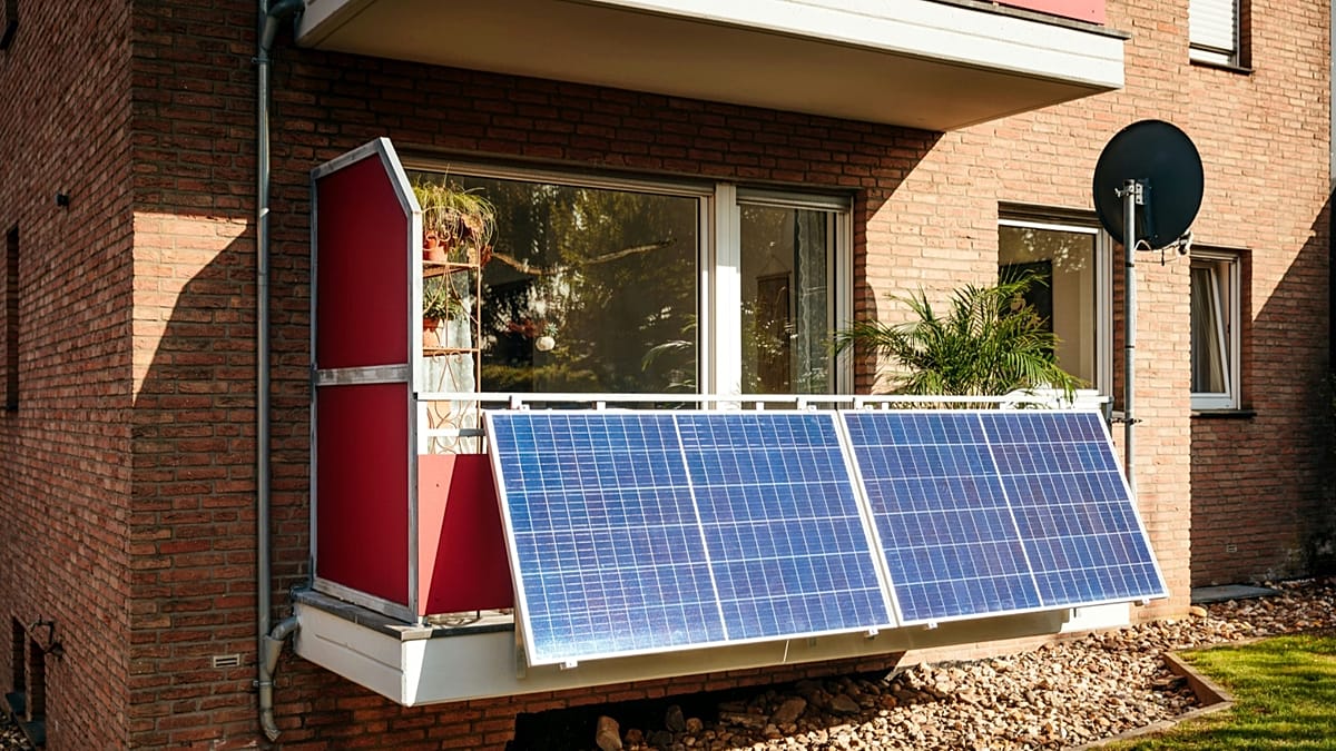 A modern apartment balcony in Germany featuring a compact plug-in solar panel system.