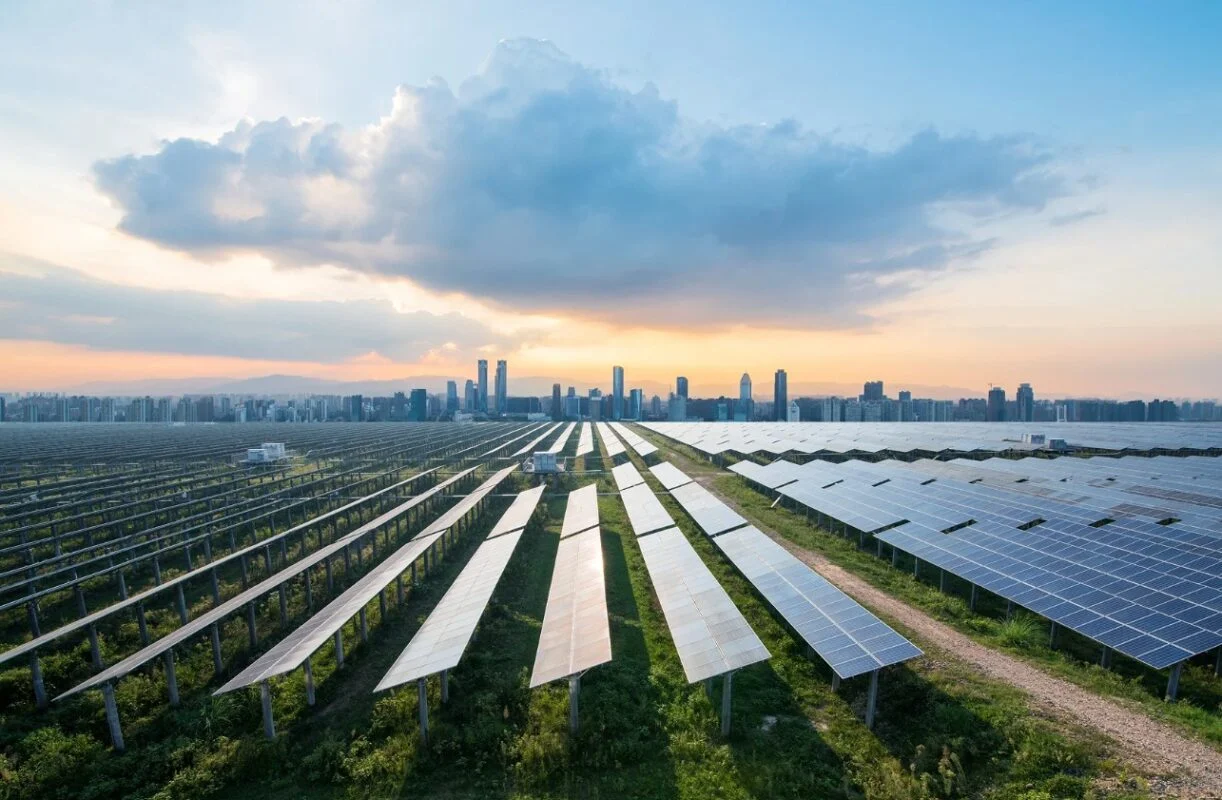 Aerial view of a large-scale solar module manufacturing facility with high-tech assembly lines.