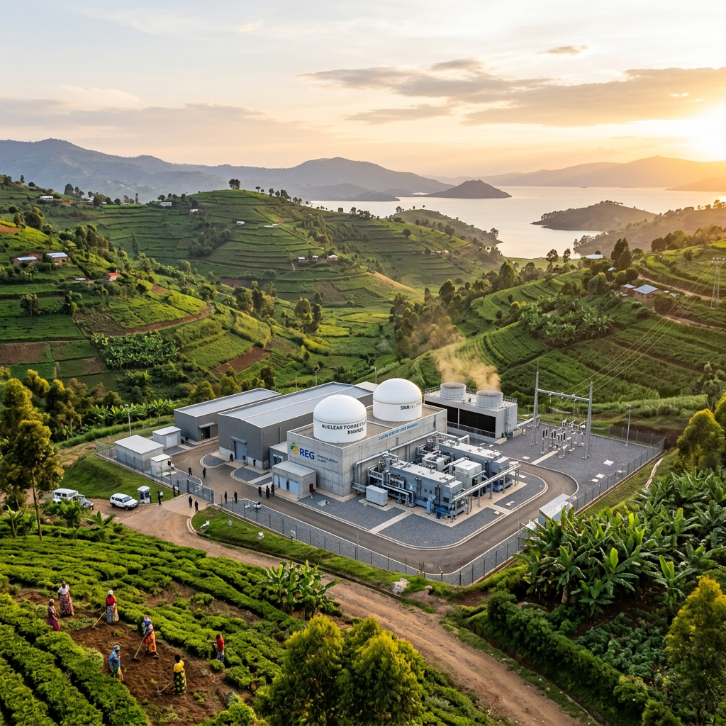 A conceptual renewable energy facility with domed structures nestled in green terraced hills at sunset.