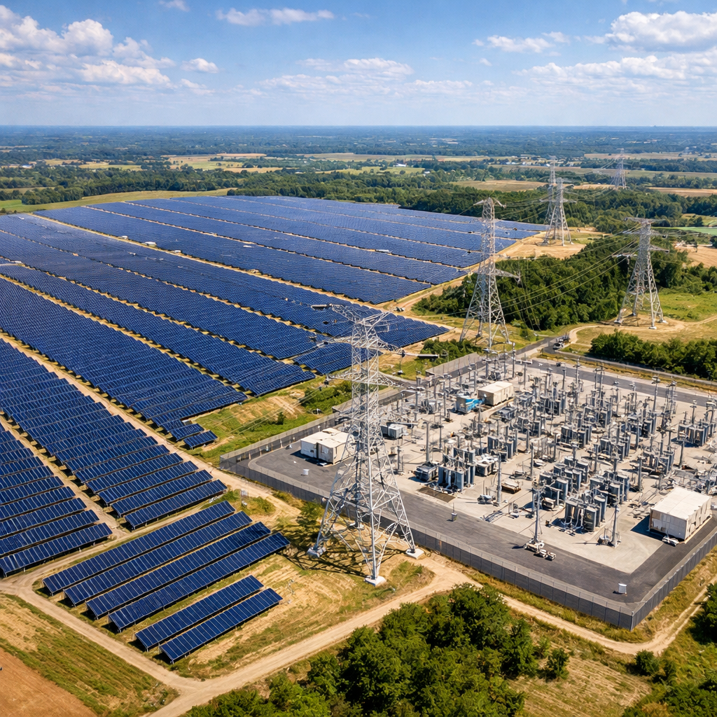 Aerial view of a large-scale solar farm with substation and transmission towers.