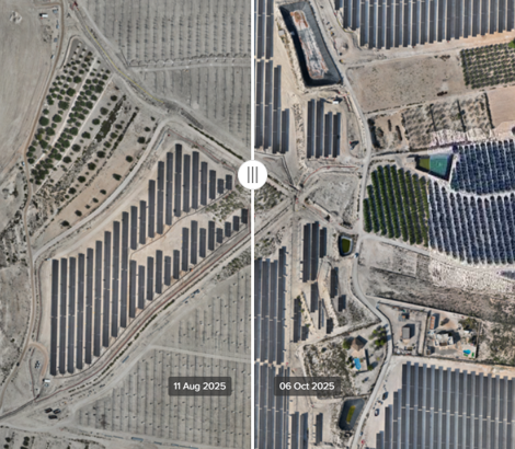 Aerial view of a utility-scale solar plant undergoing drone-based geospatial monitoring and EL testing