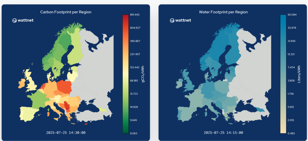 A digital dashboard displaying real-time carbon intensity metrics for the European power grid