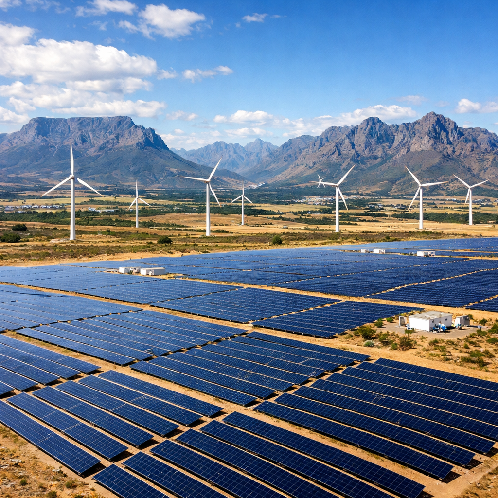 Large solar array and wind turbines set against a dramatic mountain landscape