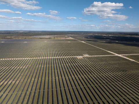 A large-scale solar farm under a clear sky, with transmission lines in the background