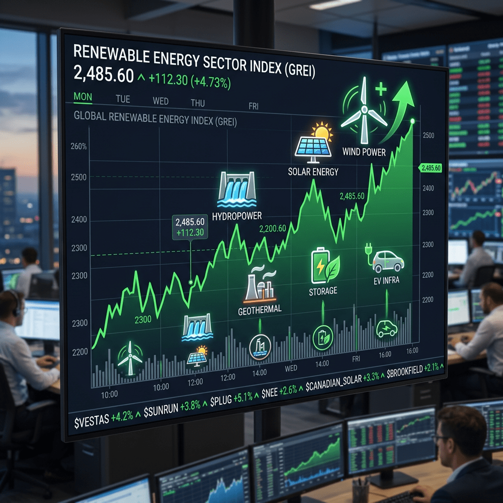 Renewable Energy Sector Index chart showing solar and wind growth trends on a financial display