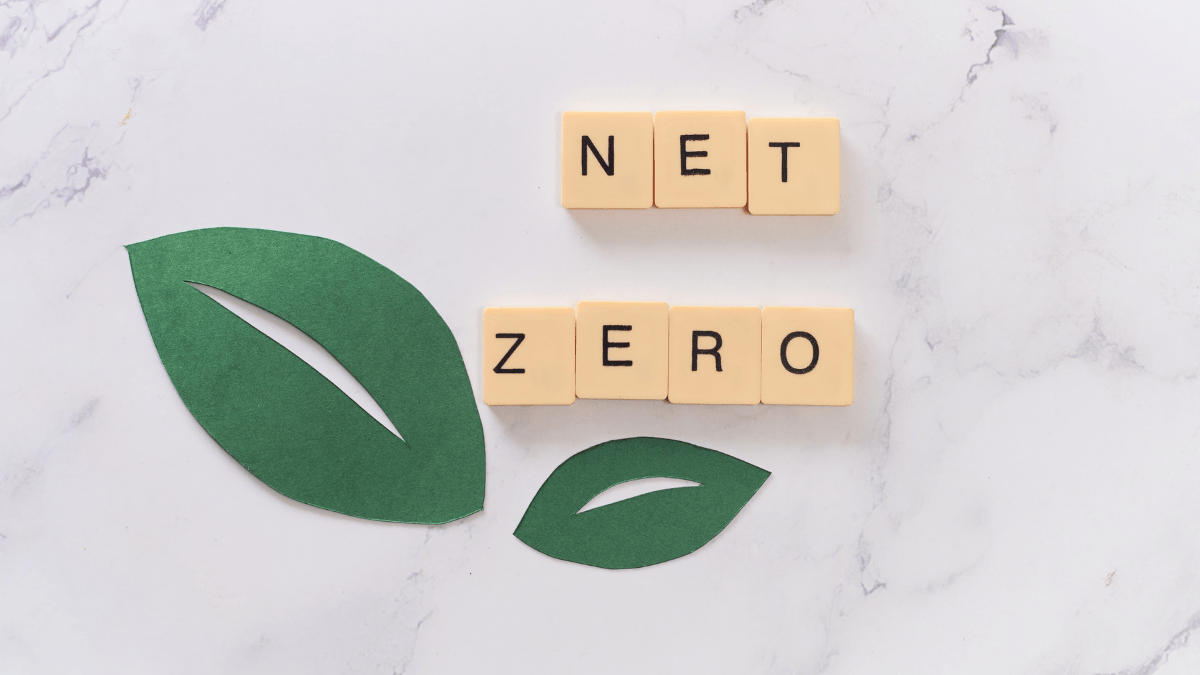 A generic bank office building with a sustainability report graphic overlay.