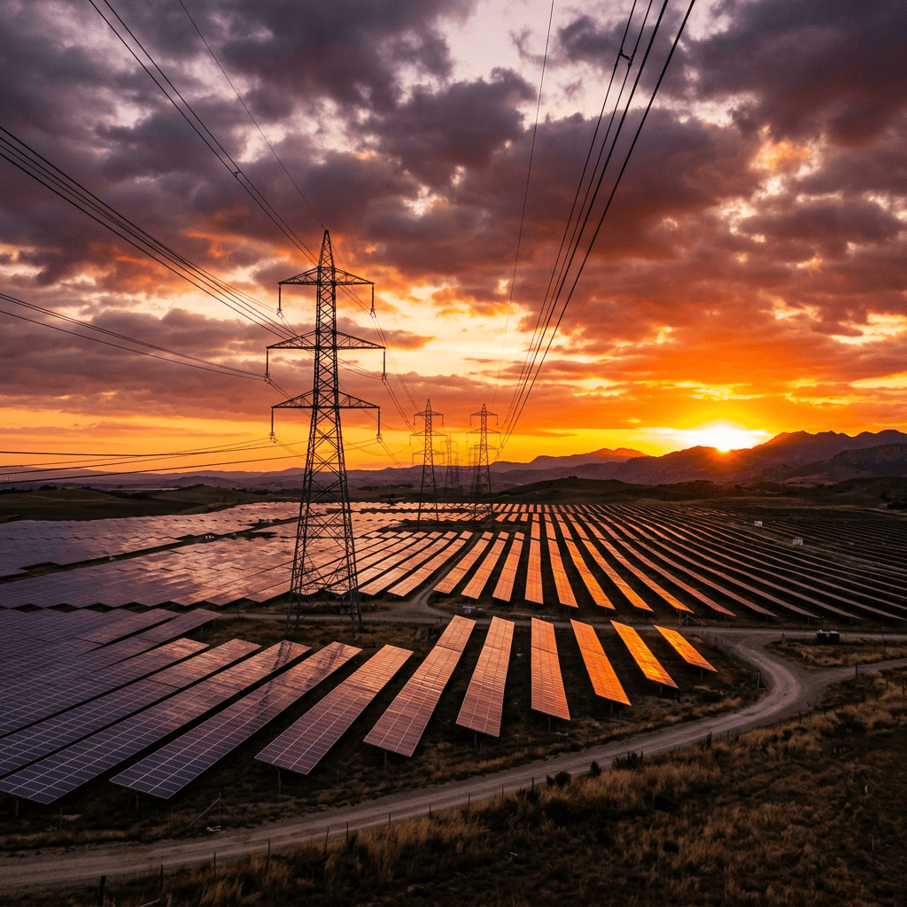 Large scale solar farm array during a vibrant sunset with transmission towers