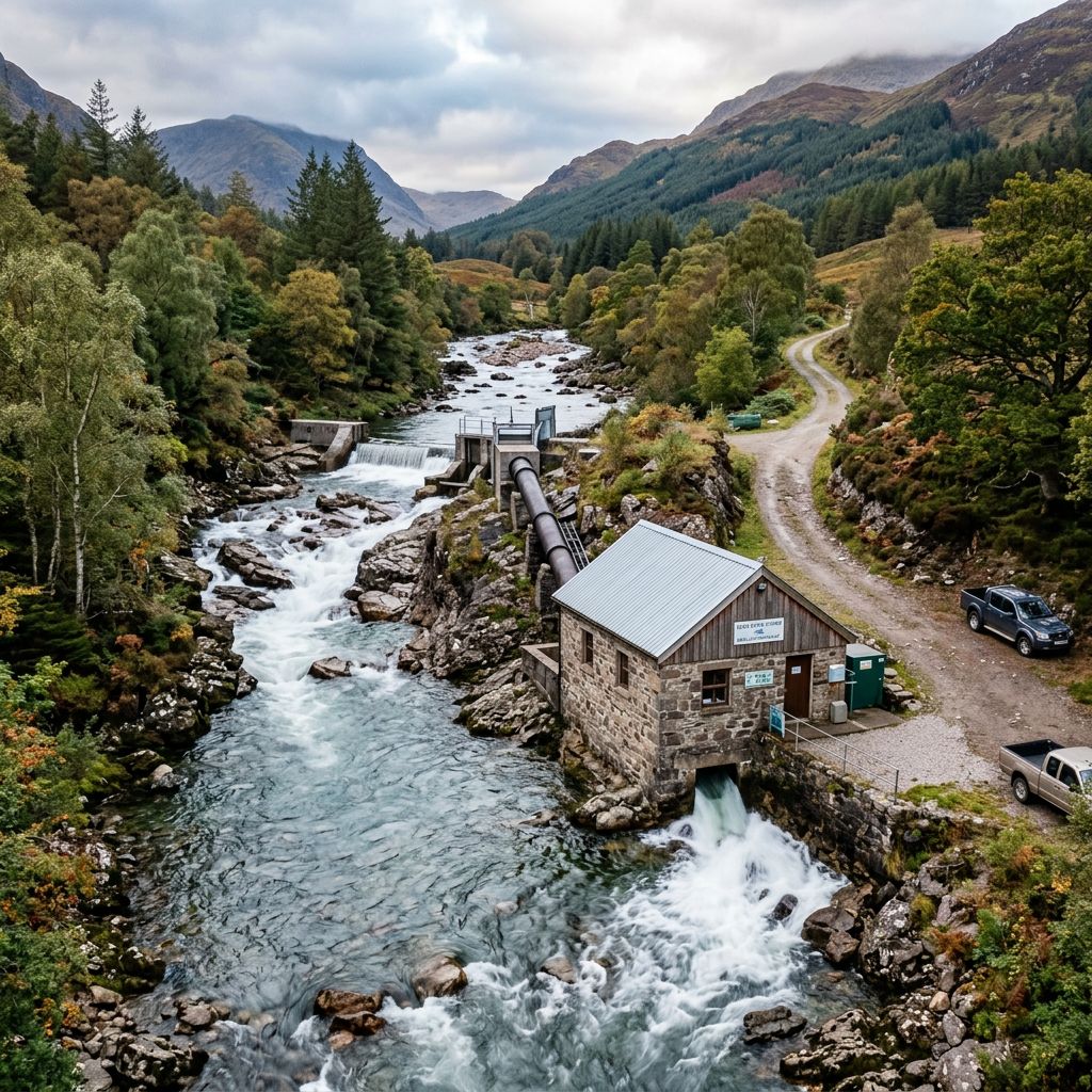 A small hydroelectric power station in a mountainous valley with flowing water and pickup trucks.