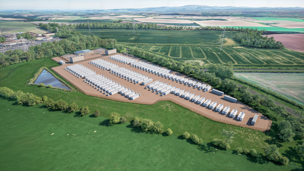 A large-scale battery storage facility next to a solar farm under a clear sky.