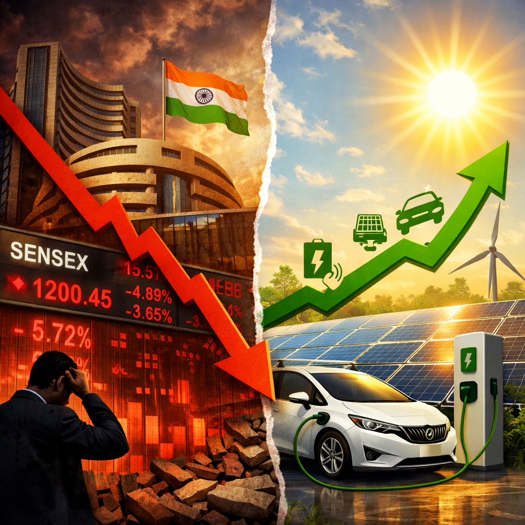 A split image showing falling financial stock markets vs growing renewable energy sector