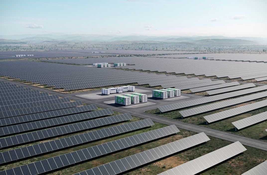 Large scale solar farm in the Australian outback with high voltage power lines