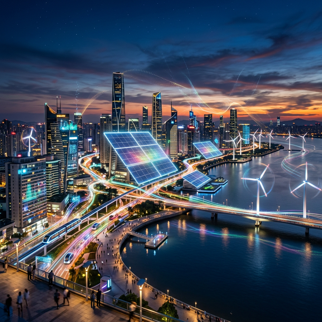 A futuristic data center facility integrated with solar panels and large scale battery storage containers