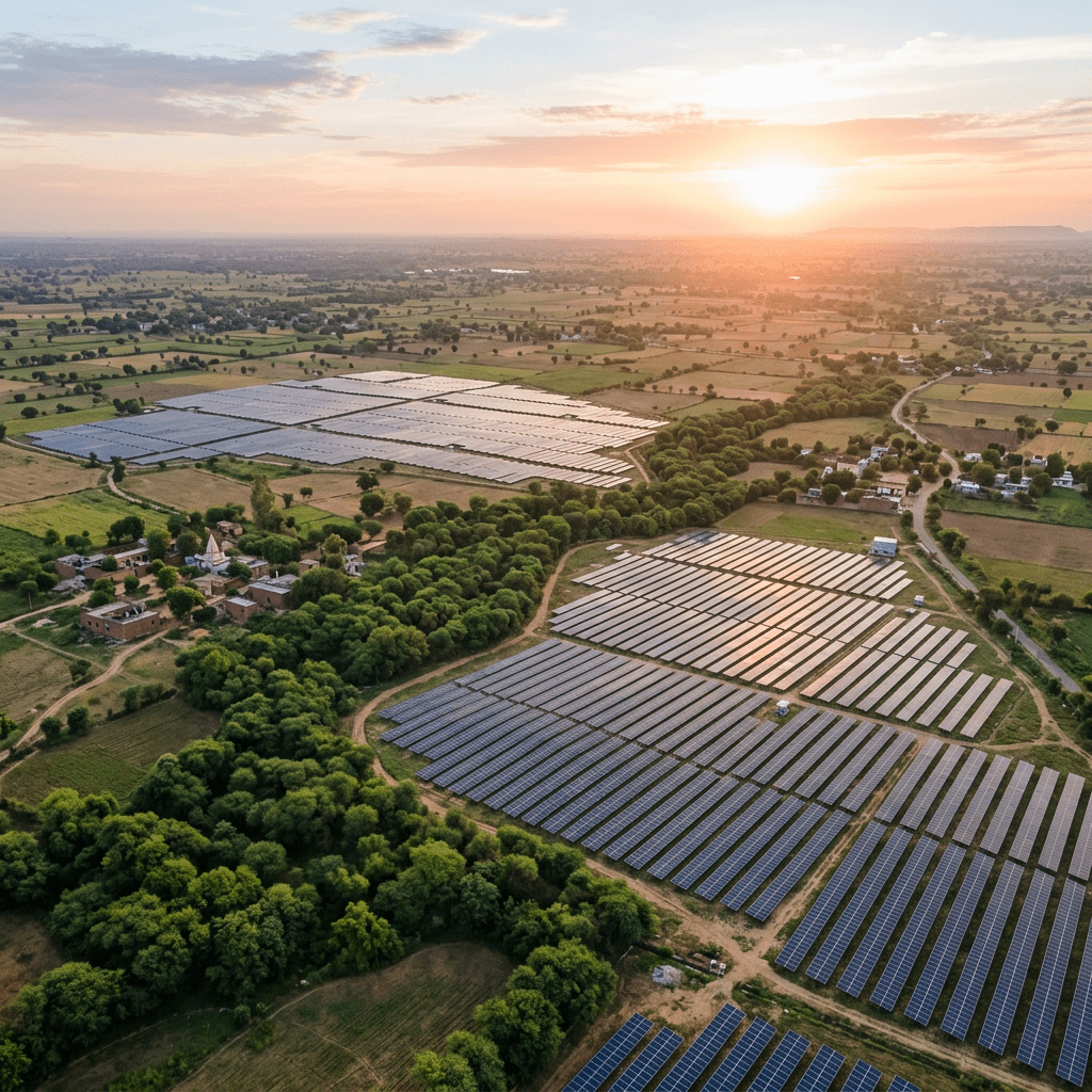 A generic, stock-style view of a solar farm integrated into a rural landscape at sunset.