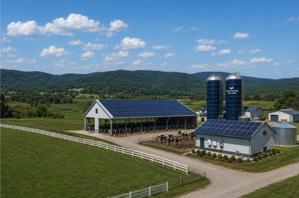 Electrician testing grounding resistance on a solar mounting structure near a livestock barn.