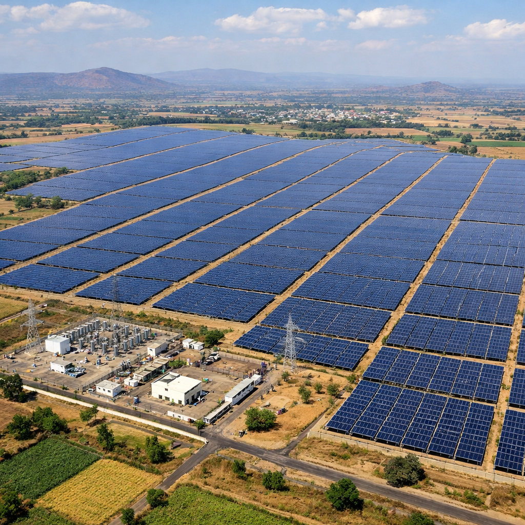 Large-scale solar power farm with rows of panels and electrical infrastructure in rural landscape