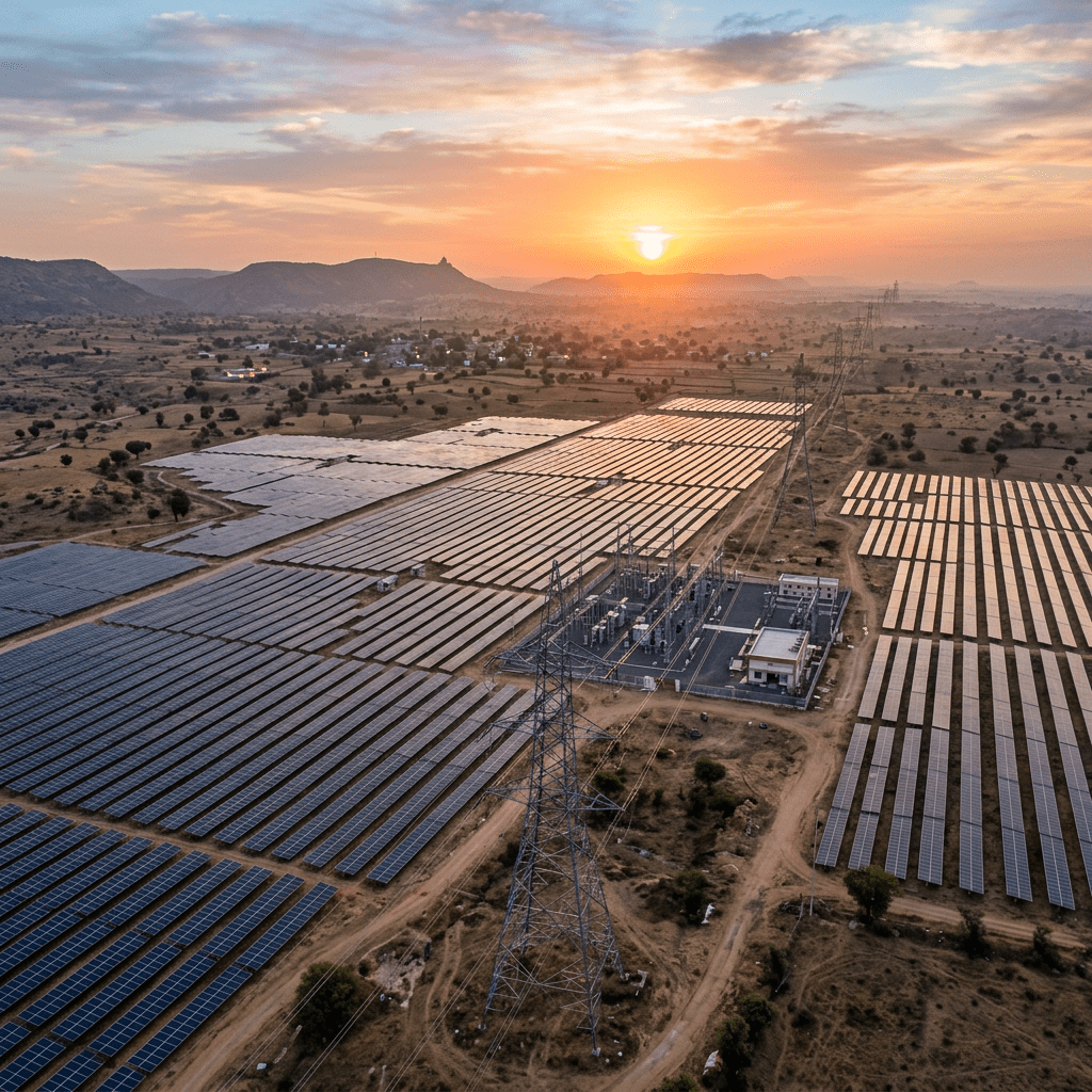 Aerial view of a massive solar farm at sunset with transmission lines