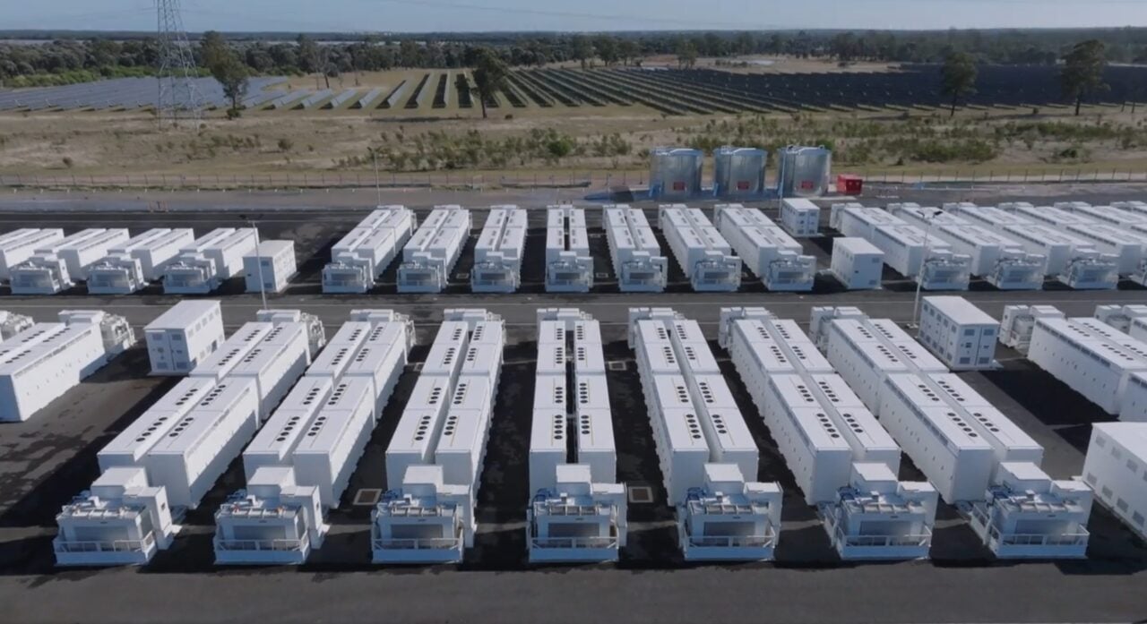 Large scale lithium-ion battery storage containers at a solar farm site