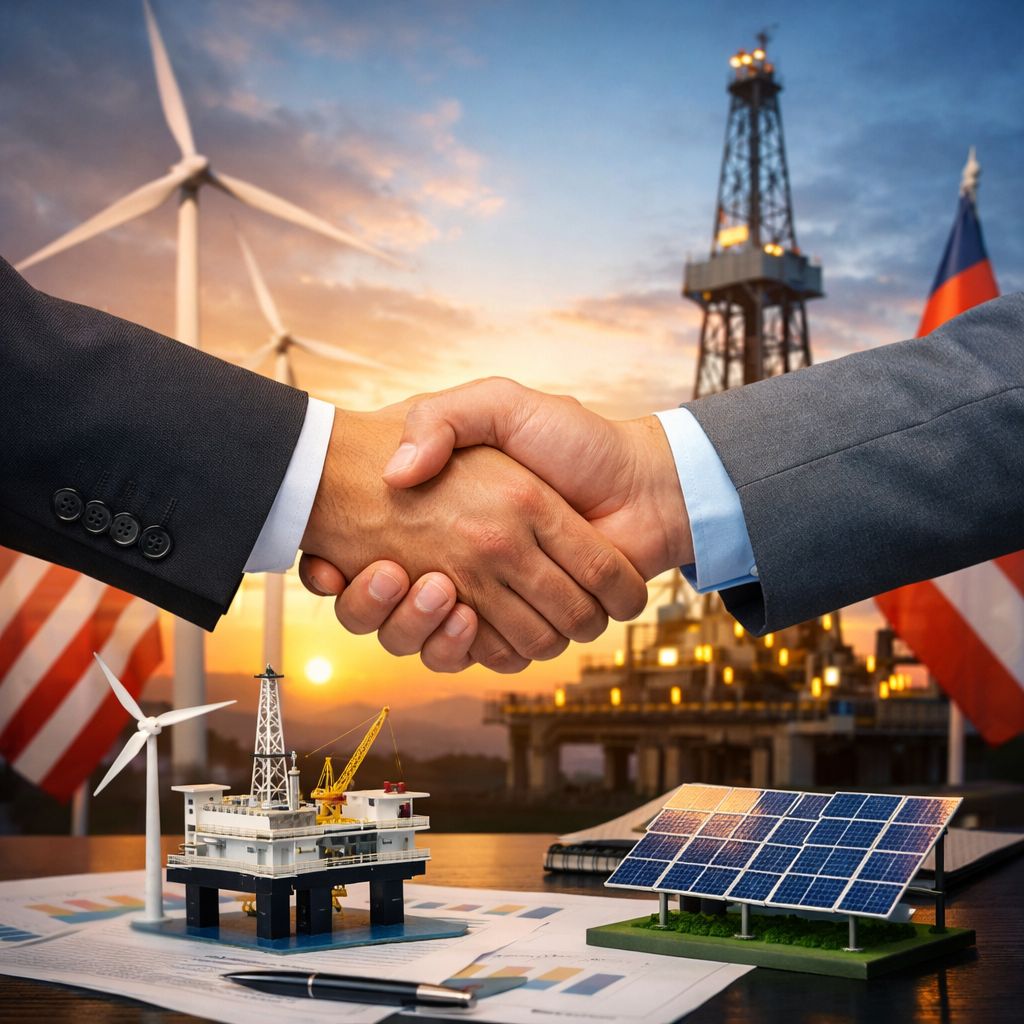 Business partnership handshake over scale models of renewable energy infrastructure including solar and wind