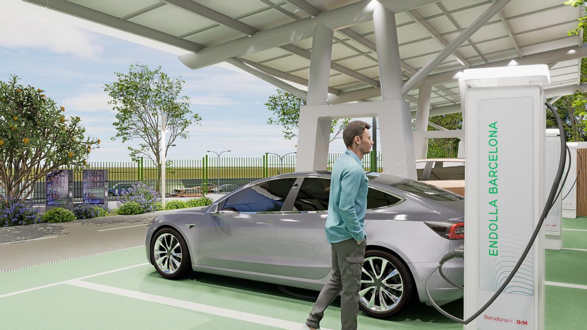 A modern electric vehicle charging hub with multiple ultra-fast chargers in an urban setting.