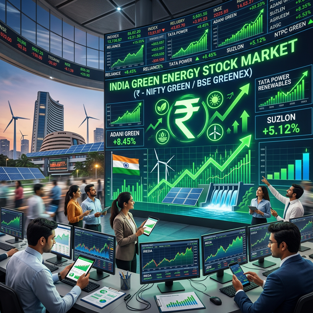 Stock market tickers for Indian green energy companies like Borosil Renewables and Olectra showing growth.