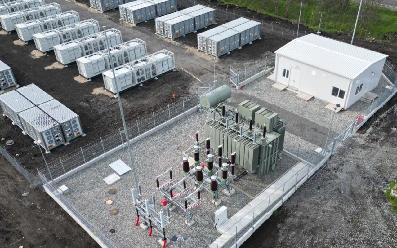 Large-scale lithium-ion battery storage containers at a Bulgarian utility site