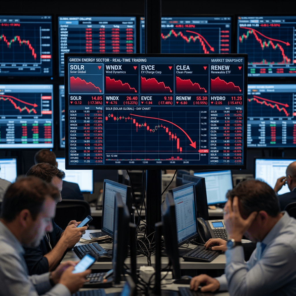 Financial trading floor showing red declining stock charts for renewable energy companies on large digital displays.