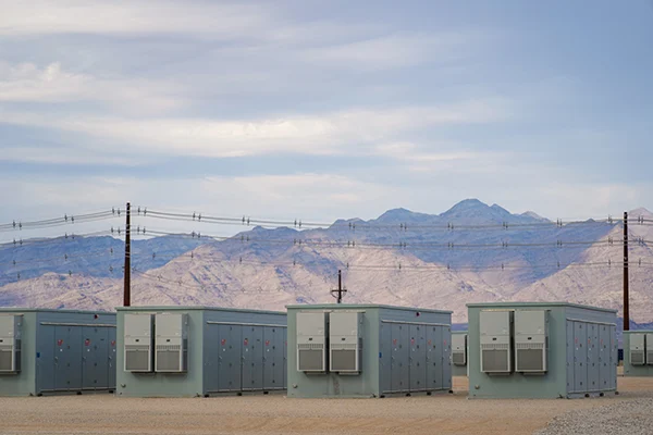 Large-scale industrial battery energy storage system containers installed at a solar farm site