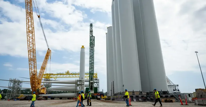 Offshore wind turbine construction site with heavy machinery and ocean waves in the background